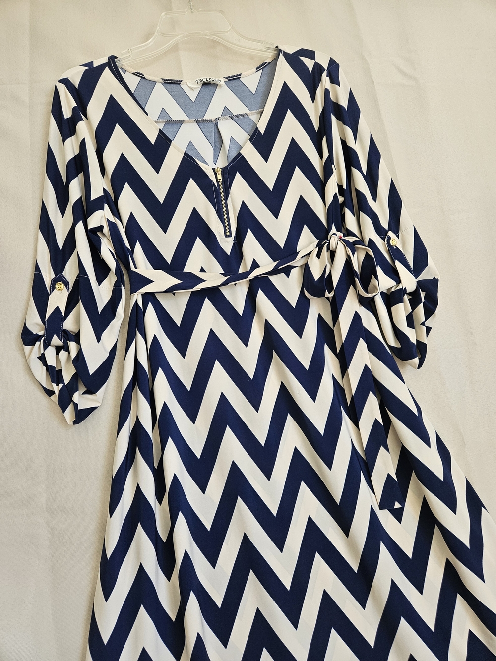 Tacera Navy and White Chevron Midi Dress with Belt - Picture 3 of 11